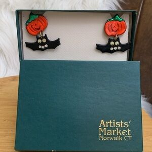 Handmade Vintage Pumpkin Bat Halloween Post Earrings With Original Box